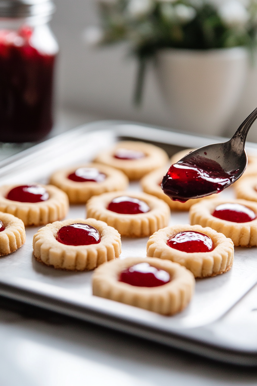 The cooled cookies sit on the white marble cooktop as a spoon fills the indentations with glossy strawberry jam. The cookies are complete, their festive red filling adding a bright finishing touch.