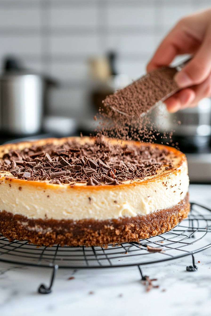 The fully cooled cheesecake rests on a wire rack on the white marble cooktop. A hand grates semisweet chocolate over the top, creating a delicate dusting of garnish before serving.