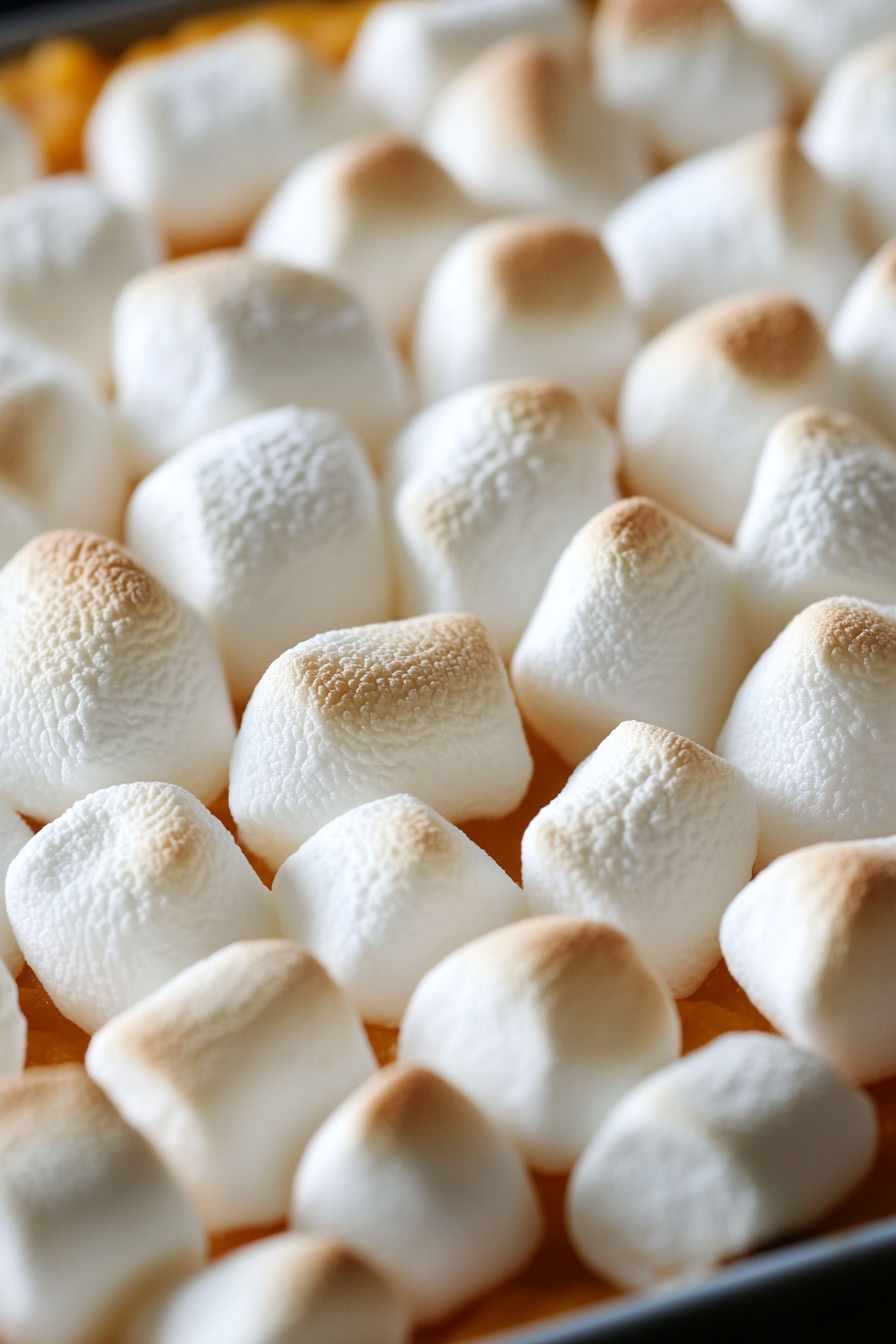 Close-up of the finished Sweet Potato Casserole, with marshmallows soft and puffy on top, slightly golden. The dish looks rich, creamy, and inviting, ready to be served