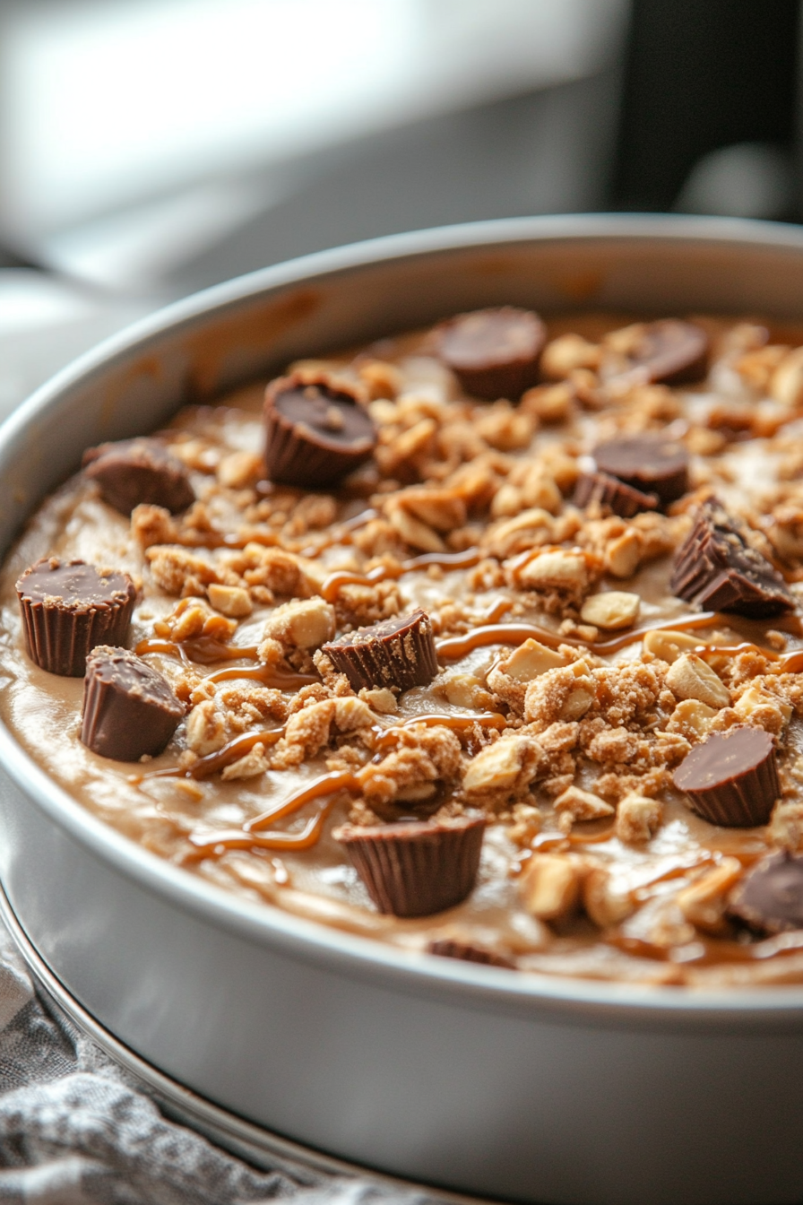 The completed dessert is covered and placed inside a refrigerator. In the foreground, the white marble cooktop holds a timer set to count down the chilling time for softening the cookies.