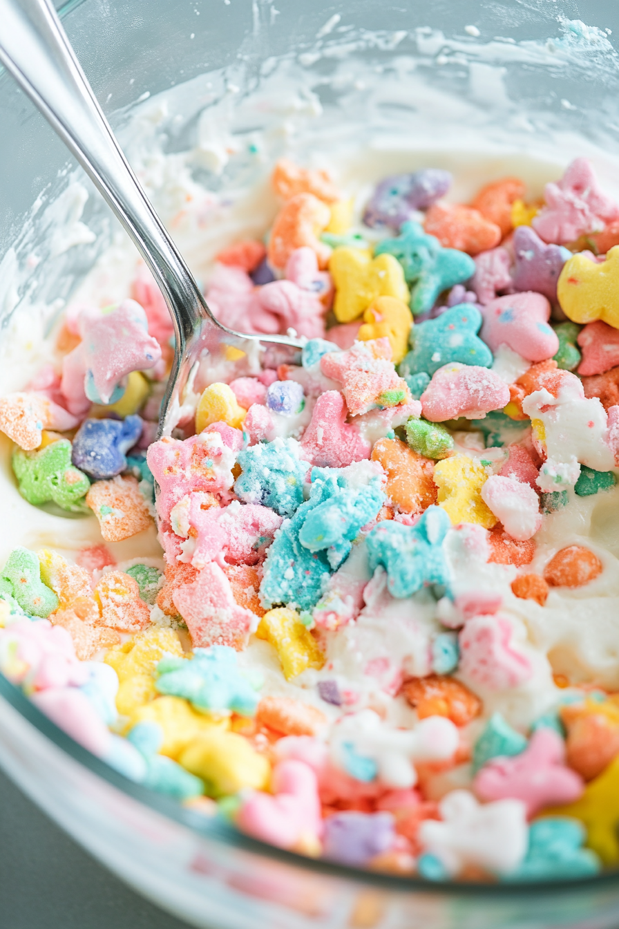 Chopped frosted animal cookies being gently folded into the cheesecake filling in the same glass bowl. The colorful cookie pieces are evenly distributed throughout the creamy mixture.