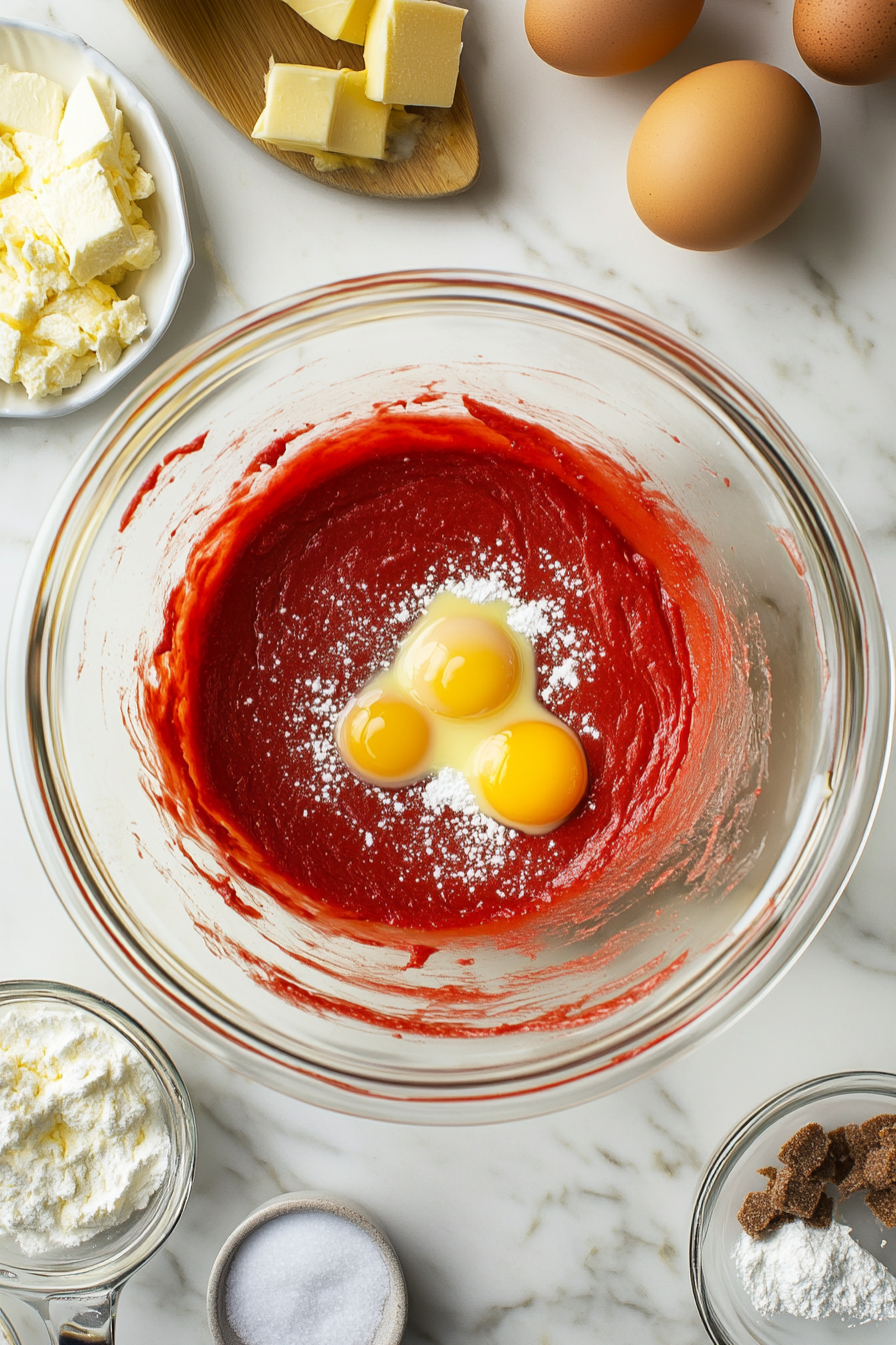 The glass mixing bowl on the white marble cooktop as whipped egg whites are gently folded into the red batter with a spatula. The mixture appears airy and smooth, ready to be spooned into the cupcake liners.