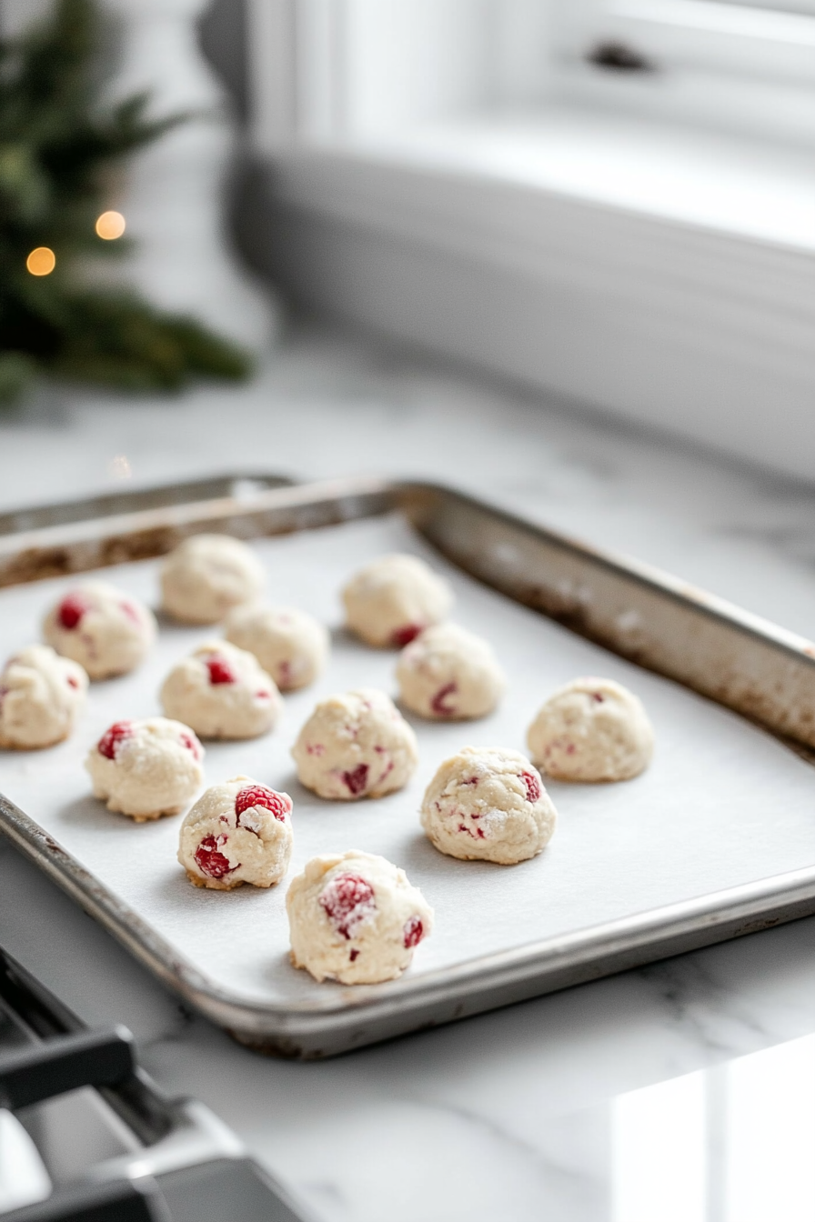 1.5-tablespoon-sized dough balls being rolled by hand and placed on baking sheets, spaced 3-4 inches apart.