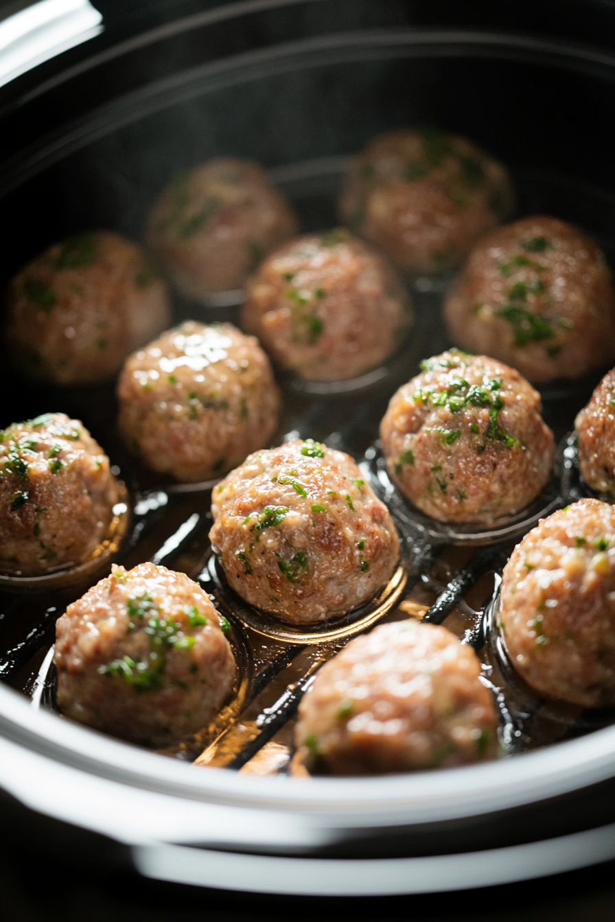 Close-up of frozen fully cooked meatballs placed inside the slow cooker. The meatballs are evenly distributed, with their juicy and tender texture highlighted. The image focuses solely on the meatballs as the base of the dish.