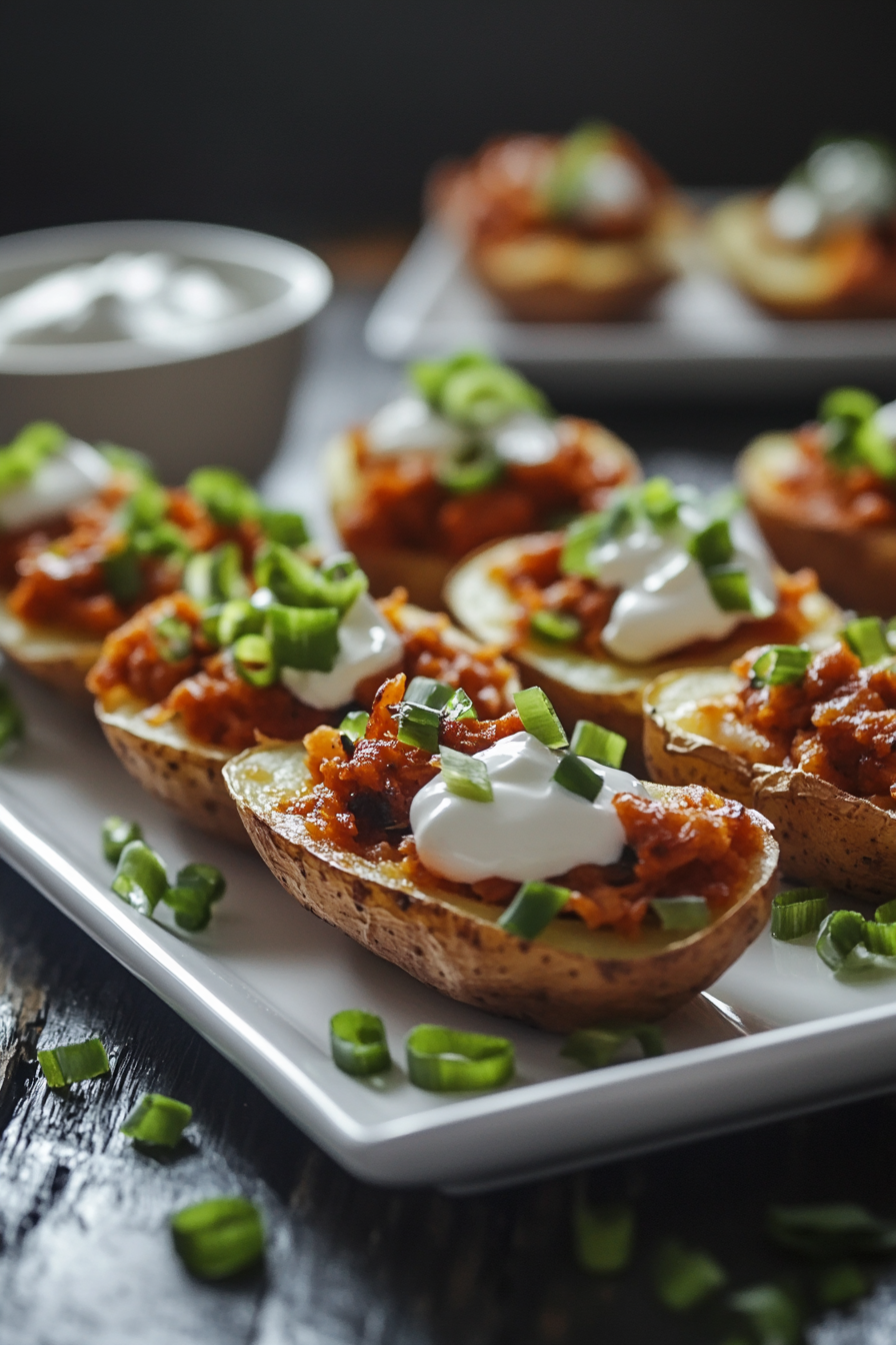 Finished potato skins arranged on a white serving platter, each garnished with finely sliced green onions and a dollop of sour cream. A small bowl of extra sour cream and scattered green onions add to the presentation