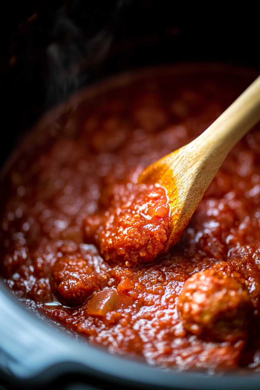 Close-up of grape jelly being added to the slow cooker with the meatballs and ketchup. The jelly is slightly shiny and smooth, contrasting with the texture of the meatballs and ketchup. The focus is on the richness of the jelly combining with the other ingredients.