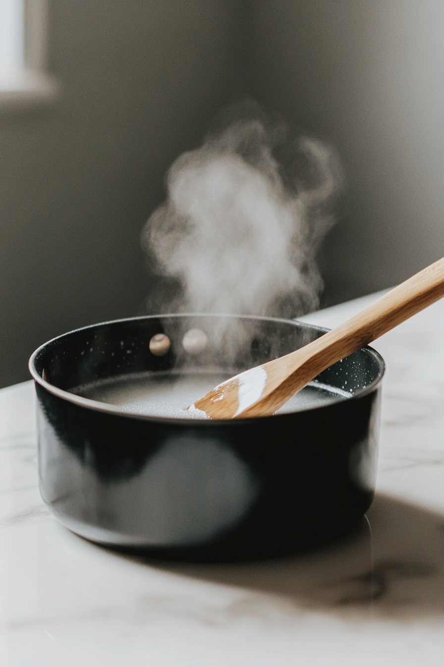 A medium-sized black saucepan on the white marble cooktop, filled with sugar, light corn syrup, and water. The mixture is being stirred with a wooden spoon, and steam lightly rises as the sugar begins to dissolve