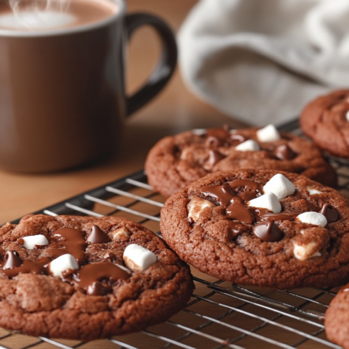 The freshly baked hot chocolate cookies cool on a wire rack. In the background, a steaming mug of hot chocolate adds a cozy touch. A few cookies are stacked, with melted chocolate chips and marshmallow bits peeking out invitingly.