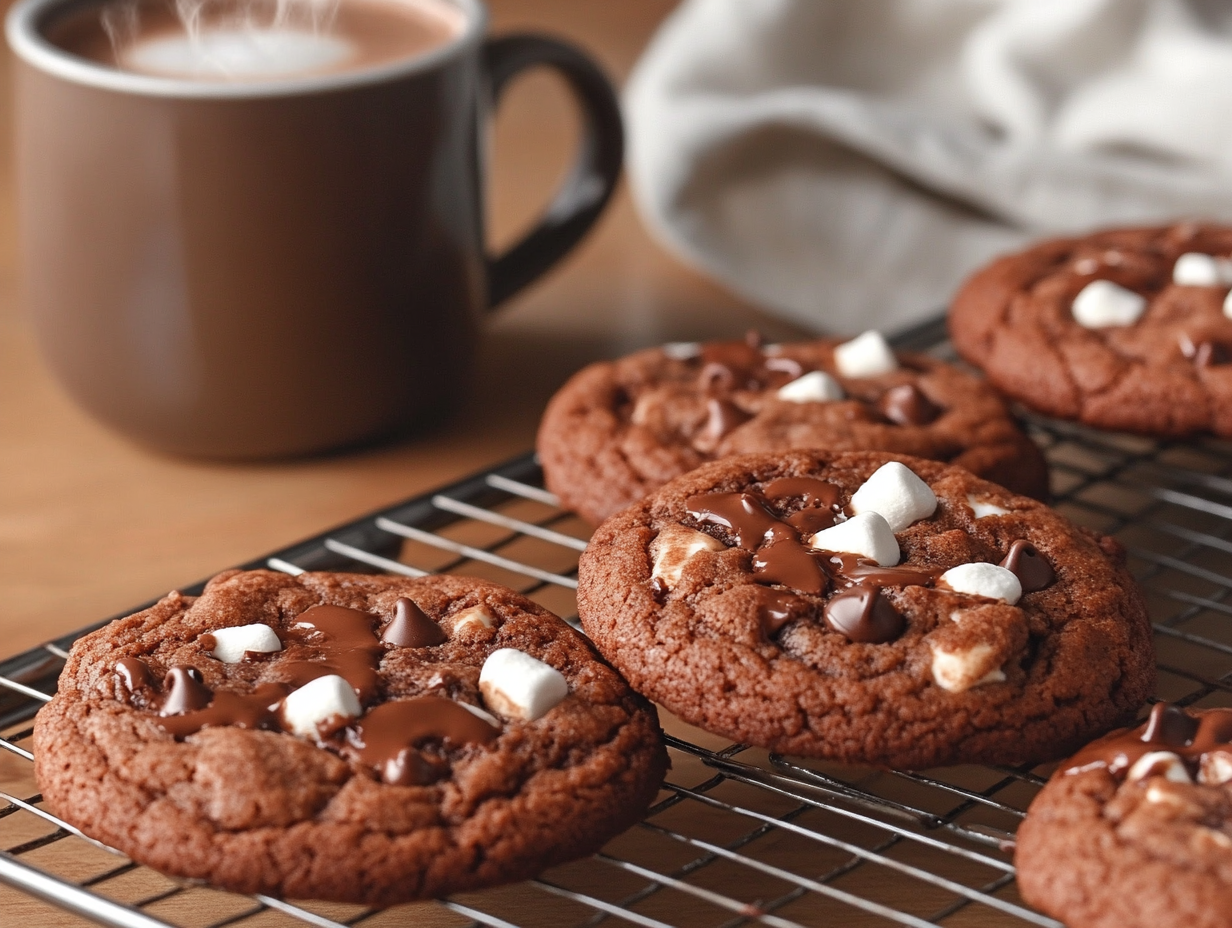 The freshly baked hot chocolate cookies cool on a wire rack. In the background, a steaming mug of hot chocolate adds a cozy touch. A few cookies are stacked, with melted chocolate chips and marshmallow bits peeking out invitingly.