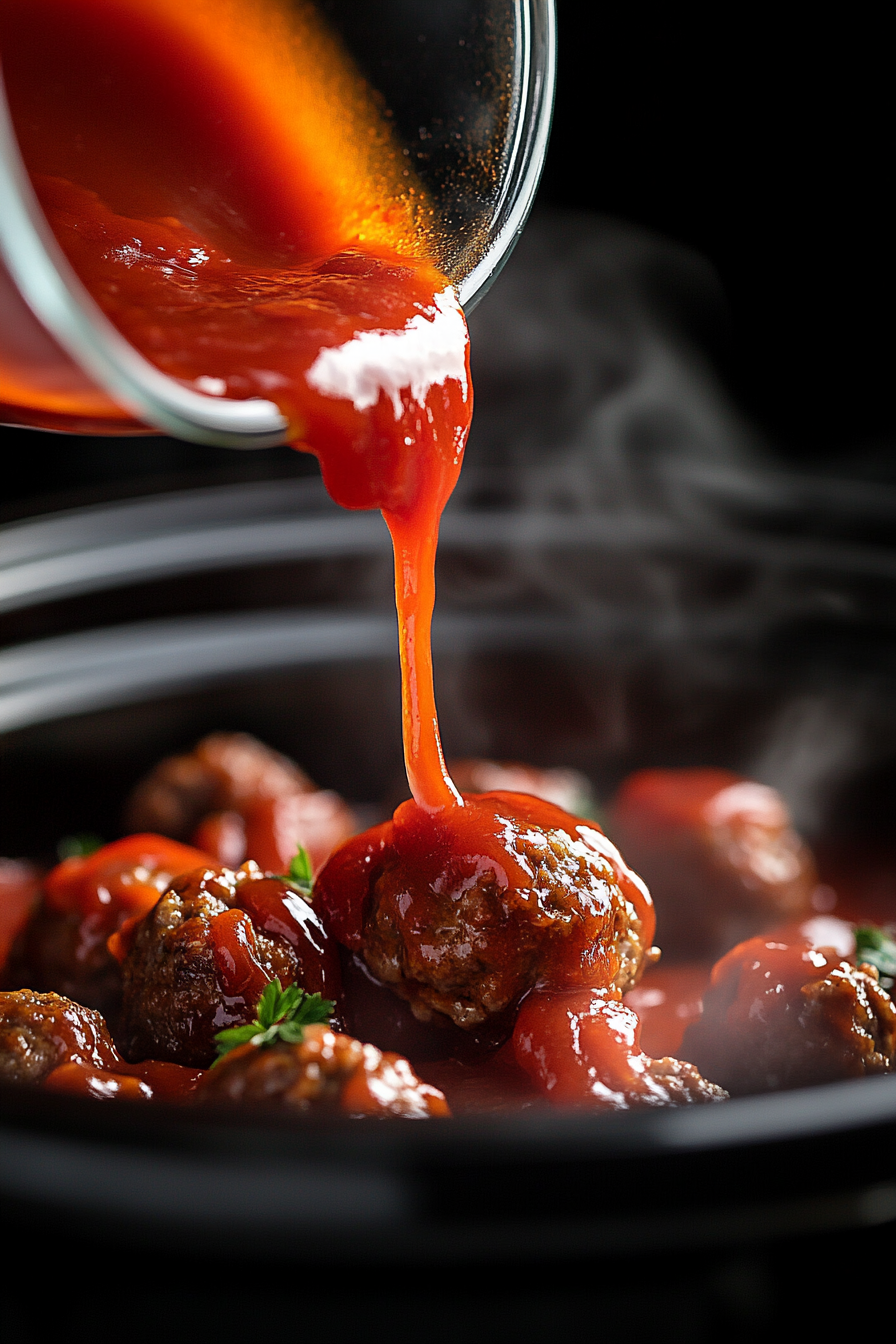 Close-up of ketchup being poured over the meatballs inside the slow cooker. The rich red color of the ketchup creates a glossy layer over the meatballs, emphasizing the sweet and tangy flavor to come.