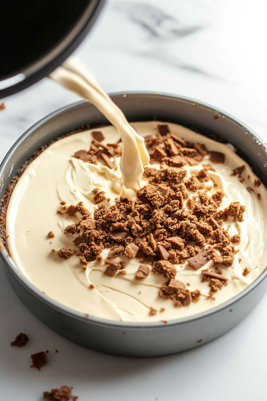 Springform pan on the white marble cooktop filled with creamy cheesecake batter. Remaining frosted animal cookie pieces are layered on top, adding texture and color. The pan is placed in a water bath and baked in the oven