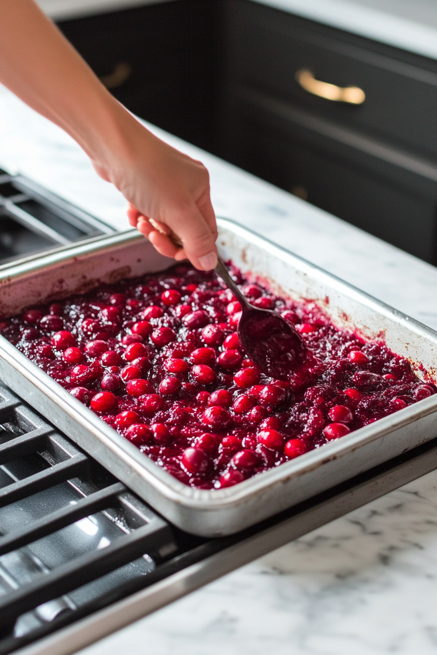 A 9x13-inch baking pan with vibrant red cranberry sauce being evenly spread on the bottom, creating a colorful layer