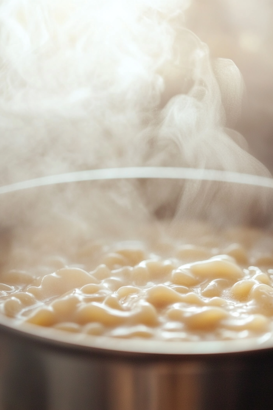 Close-up image of elbow macaroni being added to a pot of lightly salted boiling water. The macaroni is swirling in the water, showing the smooth texture of the pasta. The steam from the hot water rises gently. The background is softly blurred to focus on the macaroni.