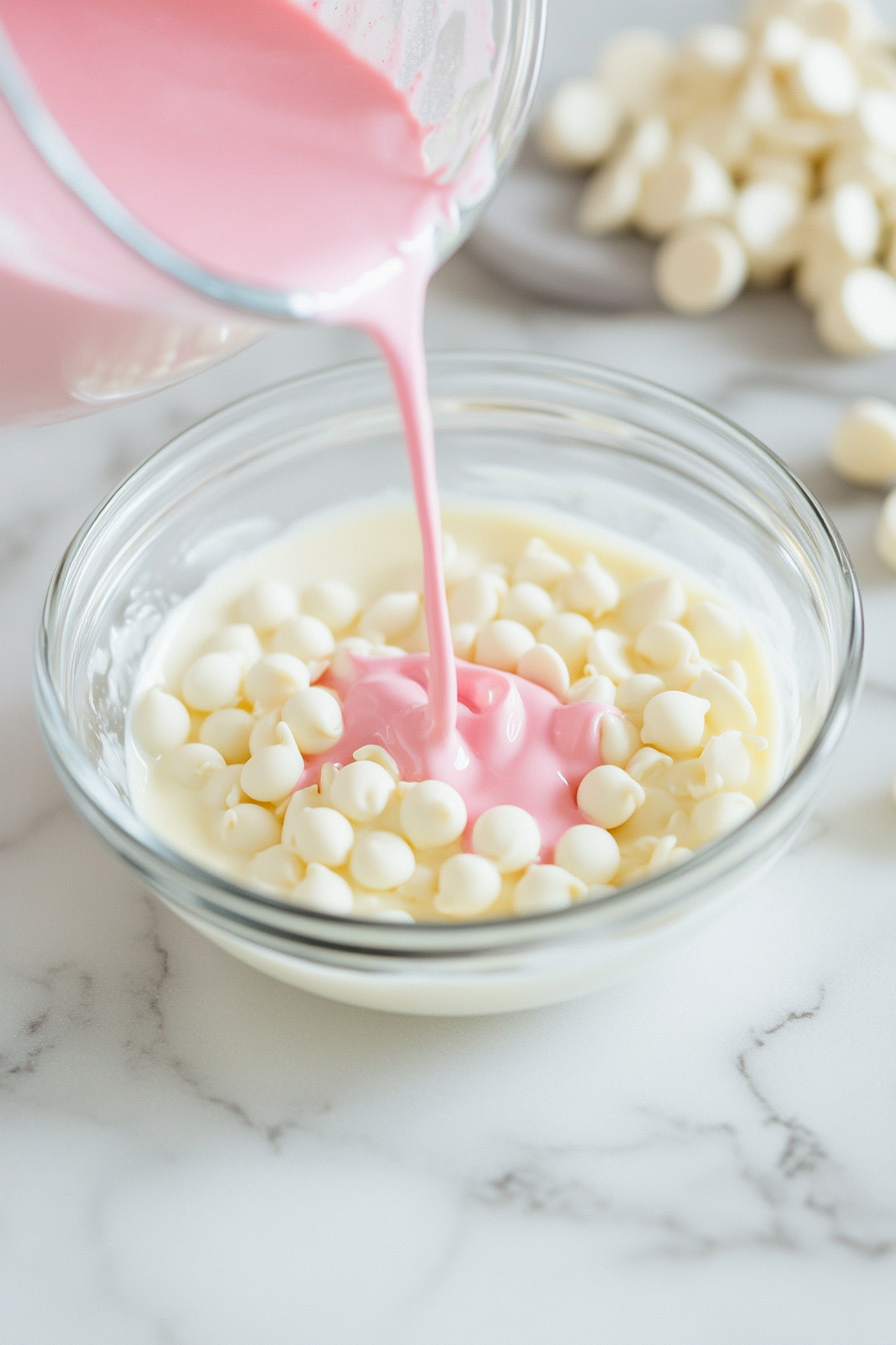 Small glass bowl on the white marble cooktop with white chocolate chips and heavy cream. The ganache is whisked smooth, with pink gel food coloring being added for a vibrant, playful look