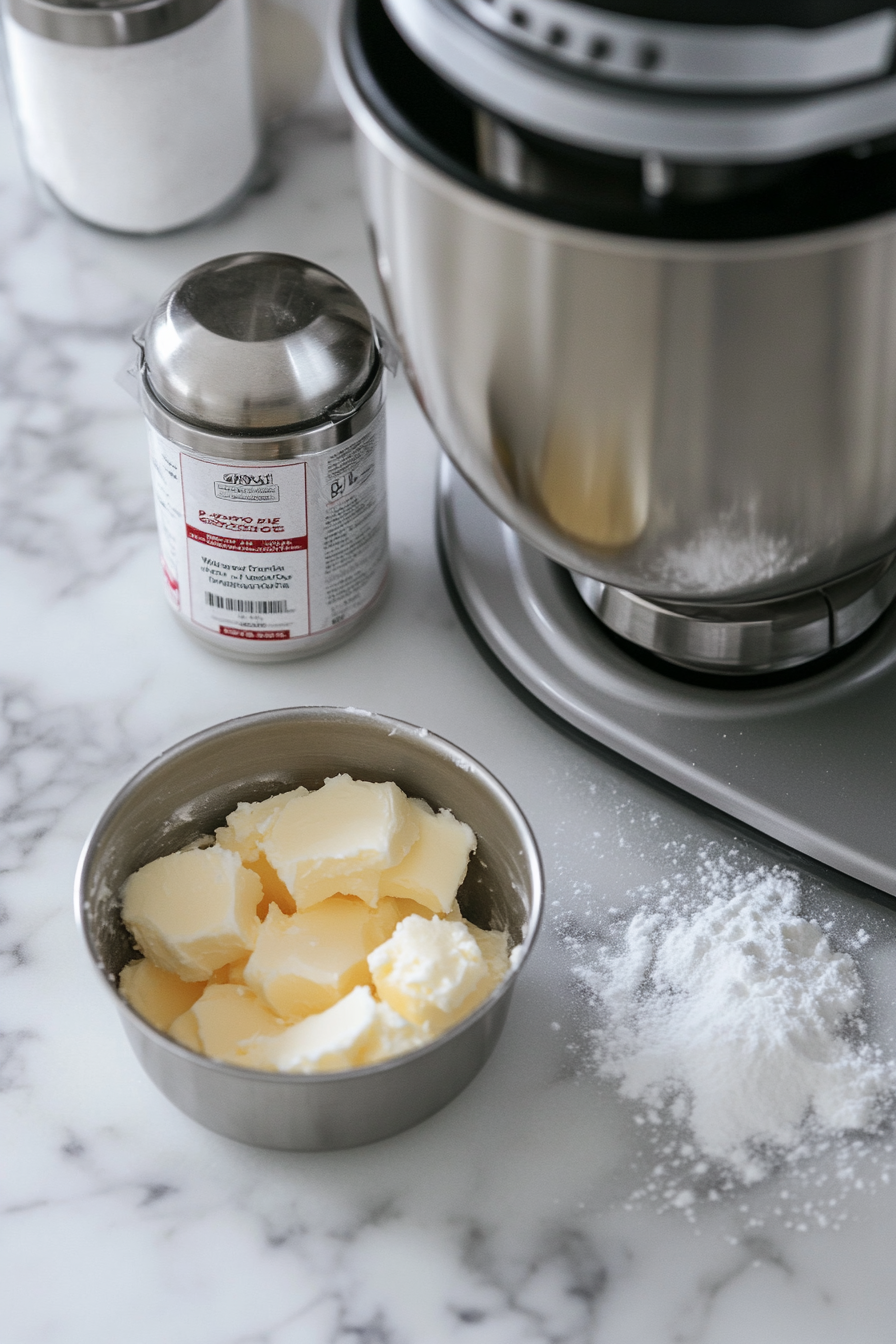 A stand mixer on the white marble cooktop blending sugar, softened butter, and strawberry gelatin into a light, fluffy mixture. A small package of gelatin and a measuring cup of sugar sit ready for use