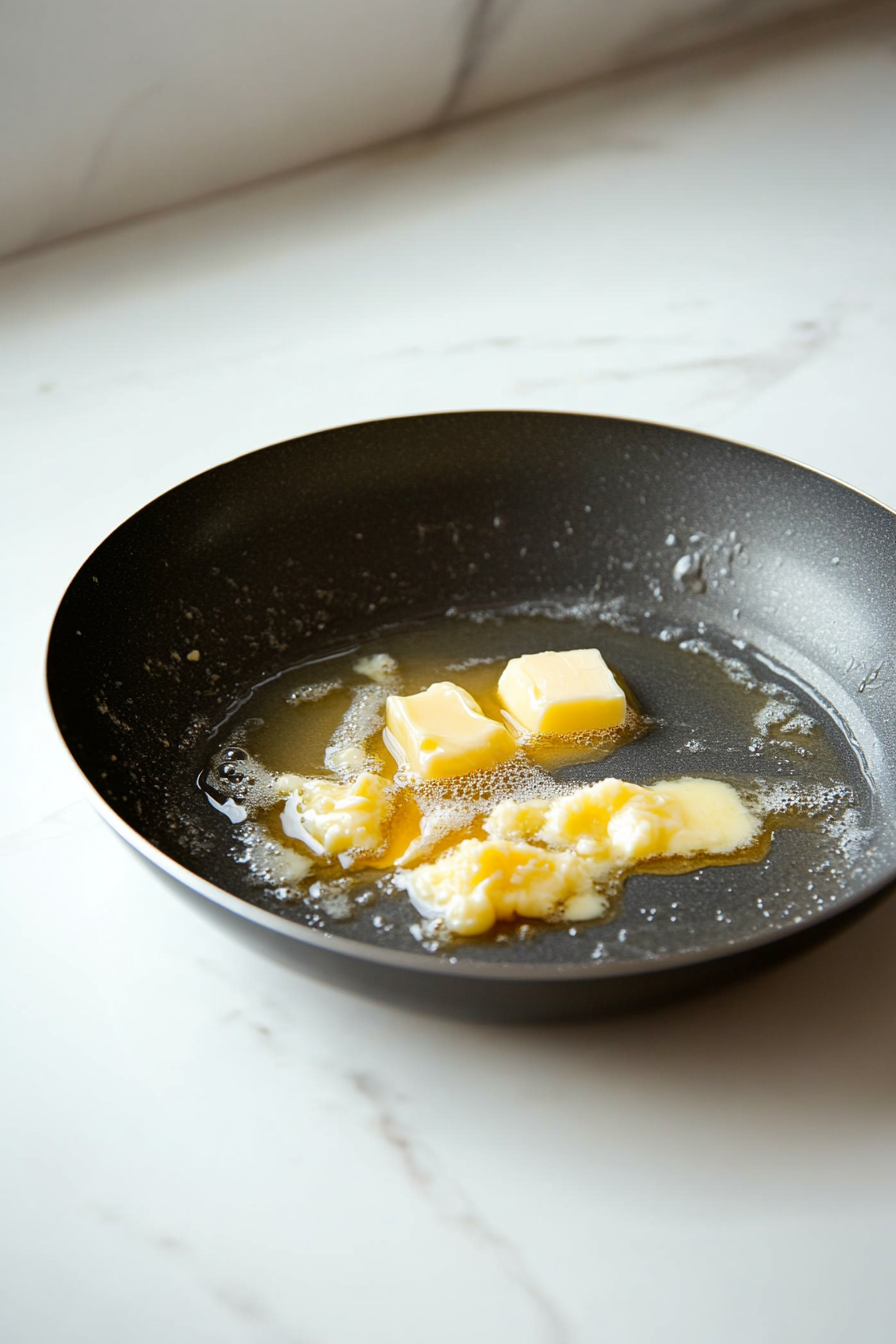 A 4-tablespoon portion of unsalted butter is melting in an 11-inch springform pan placed on a white marble cooktop. The butter is bubbling and starting to melt, ready to be sprinkled with brown sugar.