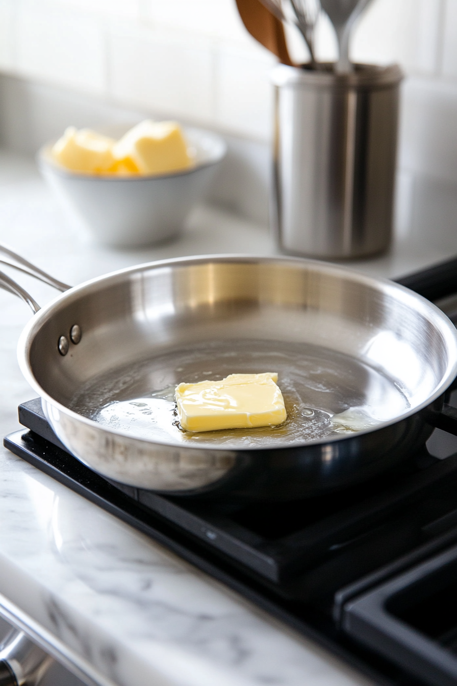 A black skillet on the white marble cooktop with unsalted butter melting over medium heat. The butter forms small golden pools as it starts to sizzle lightly.