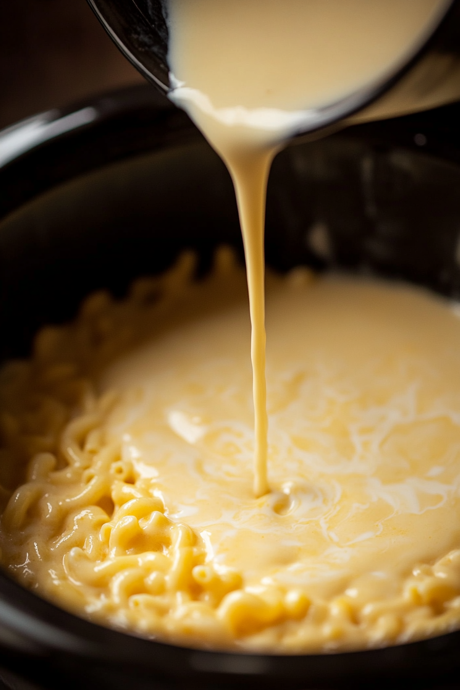 Close-up of the whole milk and condensed Cheddar cheese soup mixture being poured into the black crockpot with the macaroni. The mixture is gently flowing into the pasta, adding to the richness and creaminess of the dish.