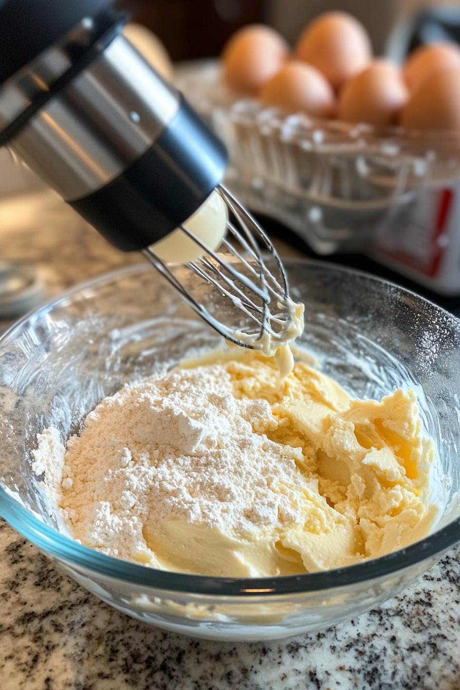 Glass bowl with cream cheese, sugar, and flour being blended on low speed using a hand mixer. Nearby, sour cream and vanilla extract are added, followed by eggs blended one at a time, creating a smooth and creamy cheesecake batter.