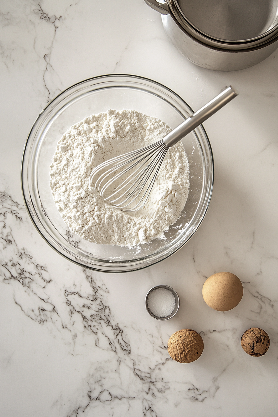 A glass mixing bowl on a white marble cooktop containing flour, baking powder, and salt. A small hand whisk is blending the ingredients together, while leveled flour and measuring spoons rest nearby, ready for use