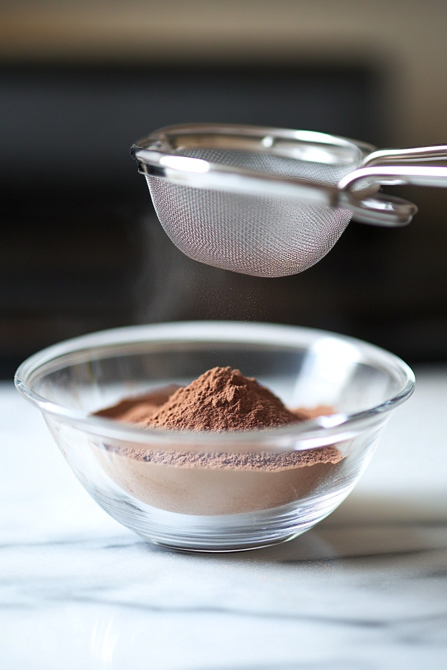 A glass mixing bowl on a white marble cooktop with a fine mesh sieve sifting flour, cornstarch, baking soda, cocoa powder, and salt. A small mound of sifted dry ingredients forms in the bowl