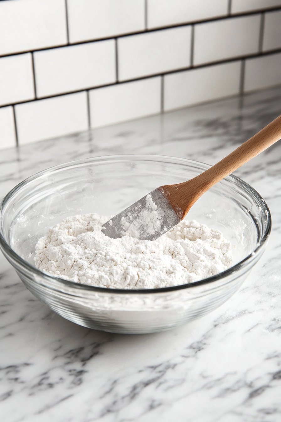 A large glass mixing bowl on the white marble cooktop holds the creamy peanut butter mixture as dry ingredients—flour, baking powder, and baking soda—are gradually incorporated. A spatula is used to mix the dough thoroughly.