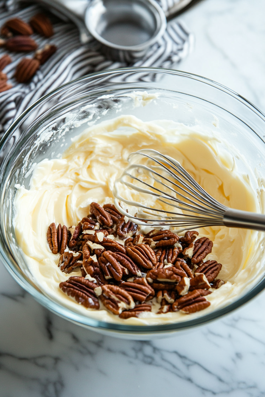 A glass mixing bowl on the white marble cooktop filled with sugar, beaten eggs, light and dark corn syrup, melted butter, vanilla, and salt, being stirred together with a whisk. The chopped pecans sit ready to be folded in.