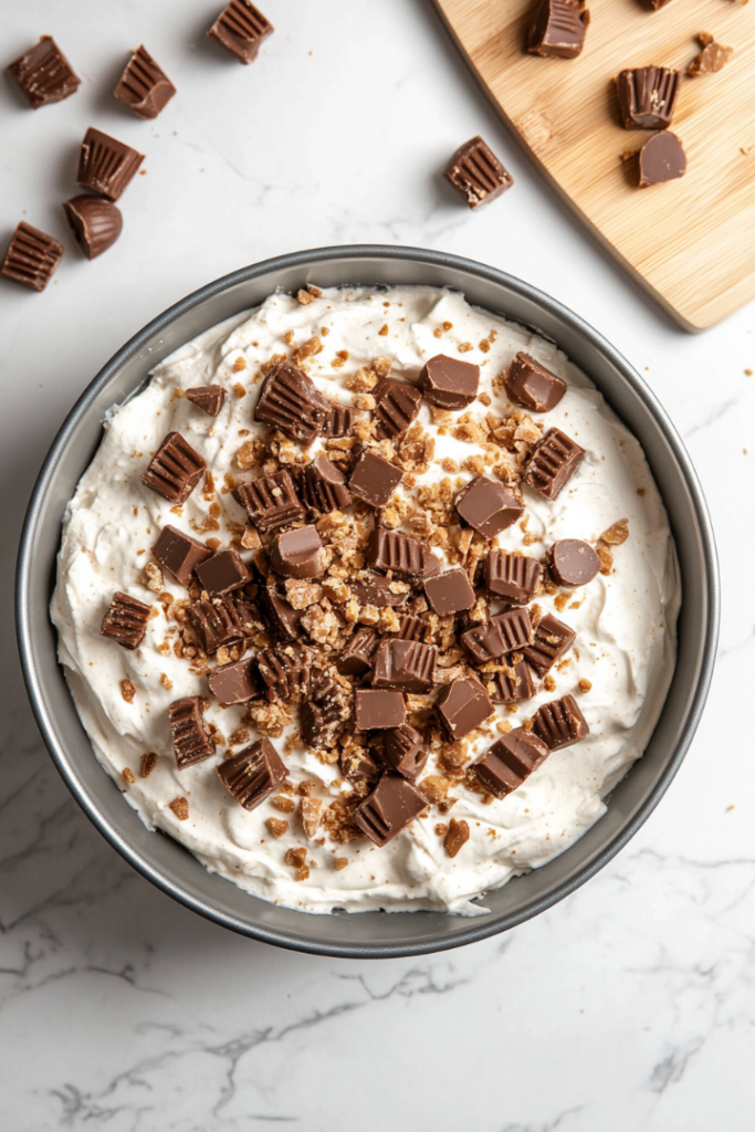 Chopped peanut butter cups are sprinkled over the whipped cream layer in the pan. A small cutting board with additional candy pieces is visible on the white marble cooktop.