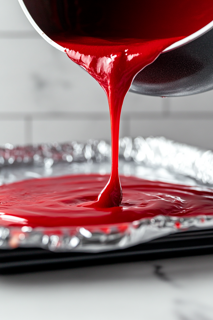 The hot candy mixture being poured from the black saucepan onto a foil-lined baking sheet placed on the white marble cooktop. Vibrant red liquid spreads out evenly, capturing the glossy texture of the molten candy.