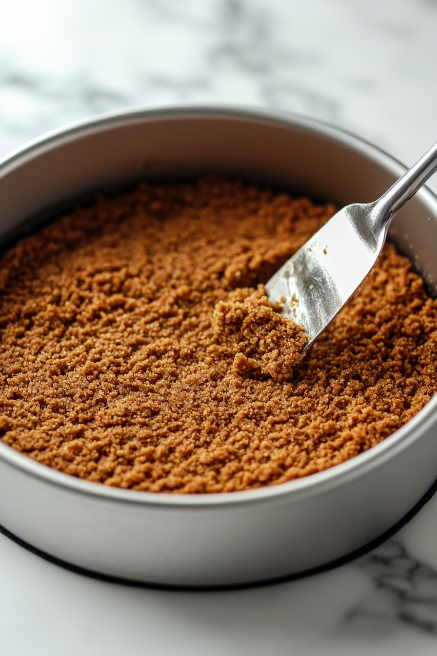 The gingersnap mixture is being pressed evenly into the springform pan using a spatula. The pan is then placed in the oven, visible on the white marble cooktop, set to bake for 12 minutes at 350°F.