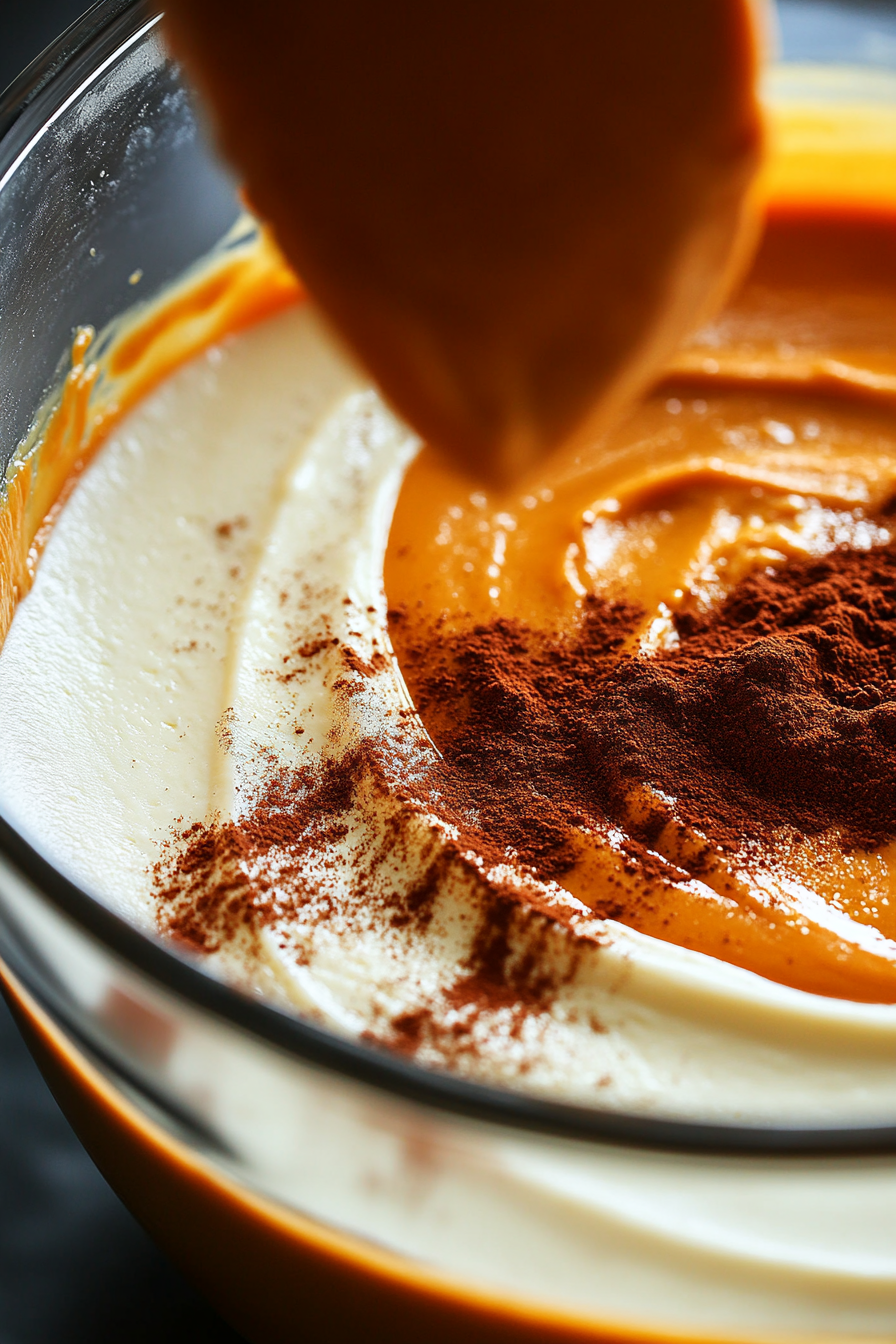 A stand mixer on the white marble cooktop is beating softened cream cheese until smooth. Gradually, eggs, sugar, Greek yogurt, and vanilla extract are being added, creating a creamy and luscious batter.