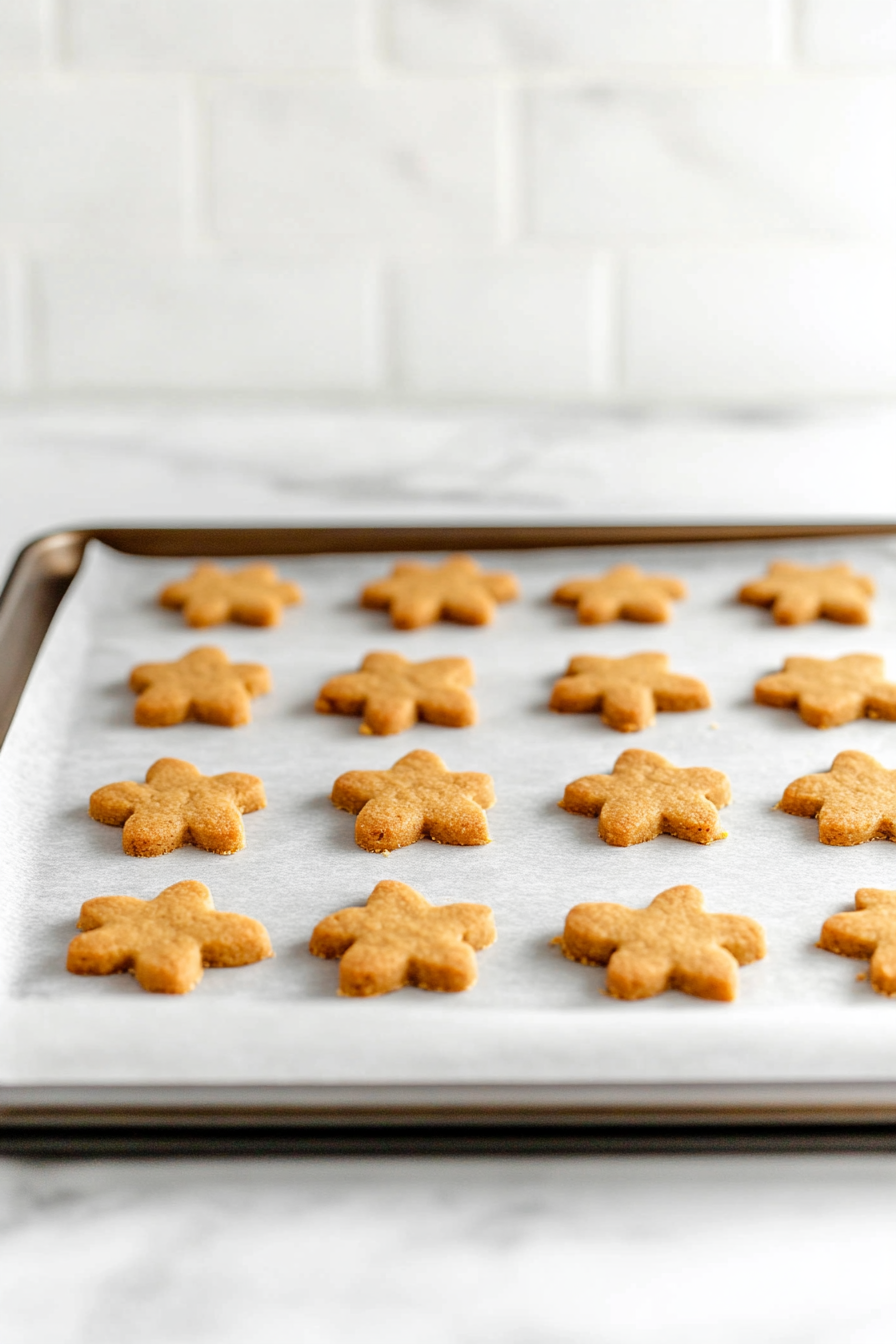 The chilled dough is rolled out evenly on a floured surface on the white marble cooktop, flattened to a thickness of 1/4 to 1/2 inch. Floured cookie cutters are actively being used to create various shapes from the dough.