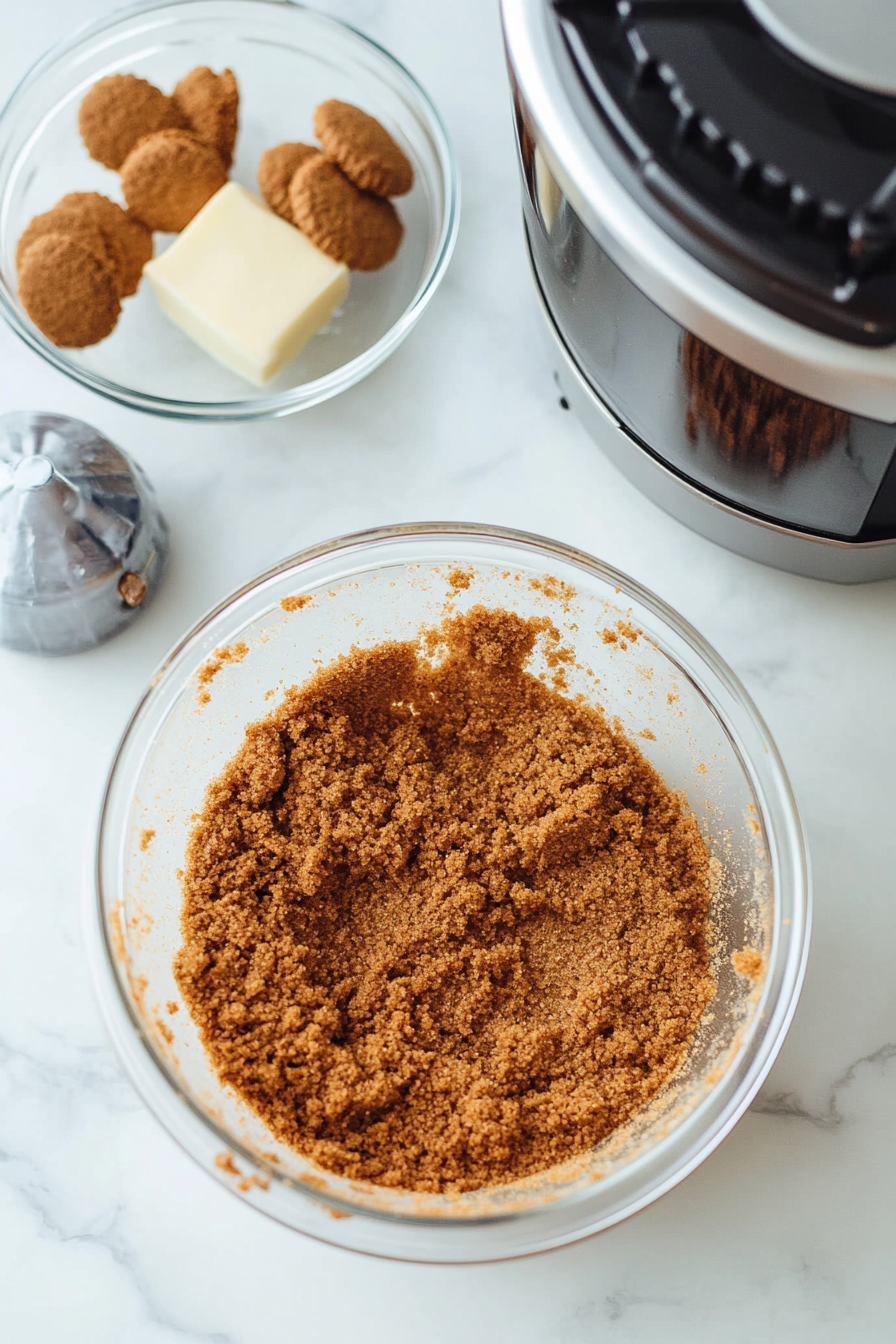 A food processor on the white marble cooktop is blending gingersnaps into fine crumbs. A glass bowl nearby contains melted butter, brown sugar, and pumpkin pie spice, ready to mix. The springform pan, lined with parchment paper and coated with non-stick spray, sits ready for the crust.