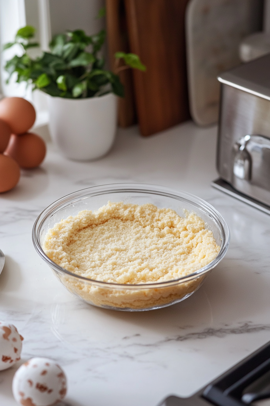 Springform pan on a white marble cooktop with frosted animal cookie crumbs and melted butter being mixed in a glass bowl. The crumb mixture is being pressed firmly into the pan, forming a colorful and textured crust, ready for baking.