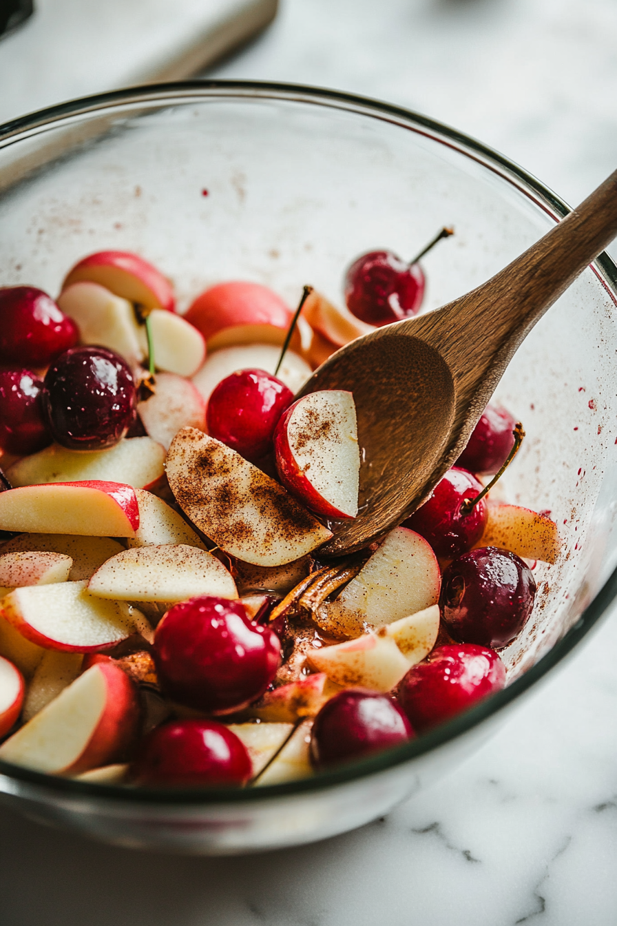 A glass mixing bowl on the white marble cooktop containing tart apple slices, halved red cherries, brown sugar, cornstarch, cinnamon, and vanilla extract. A wooden spoon is mid-motion, tossing the vibrant mixture.