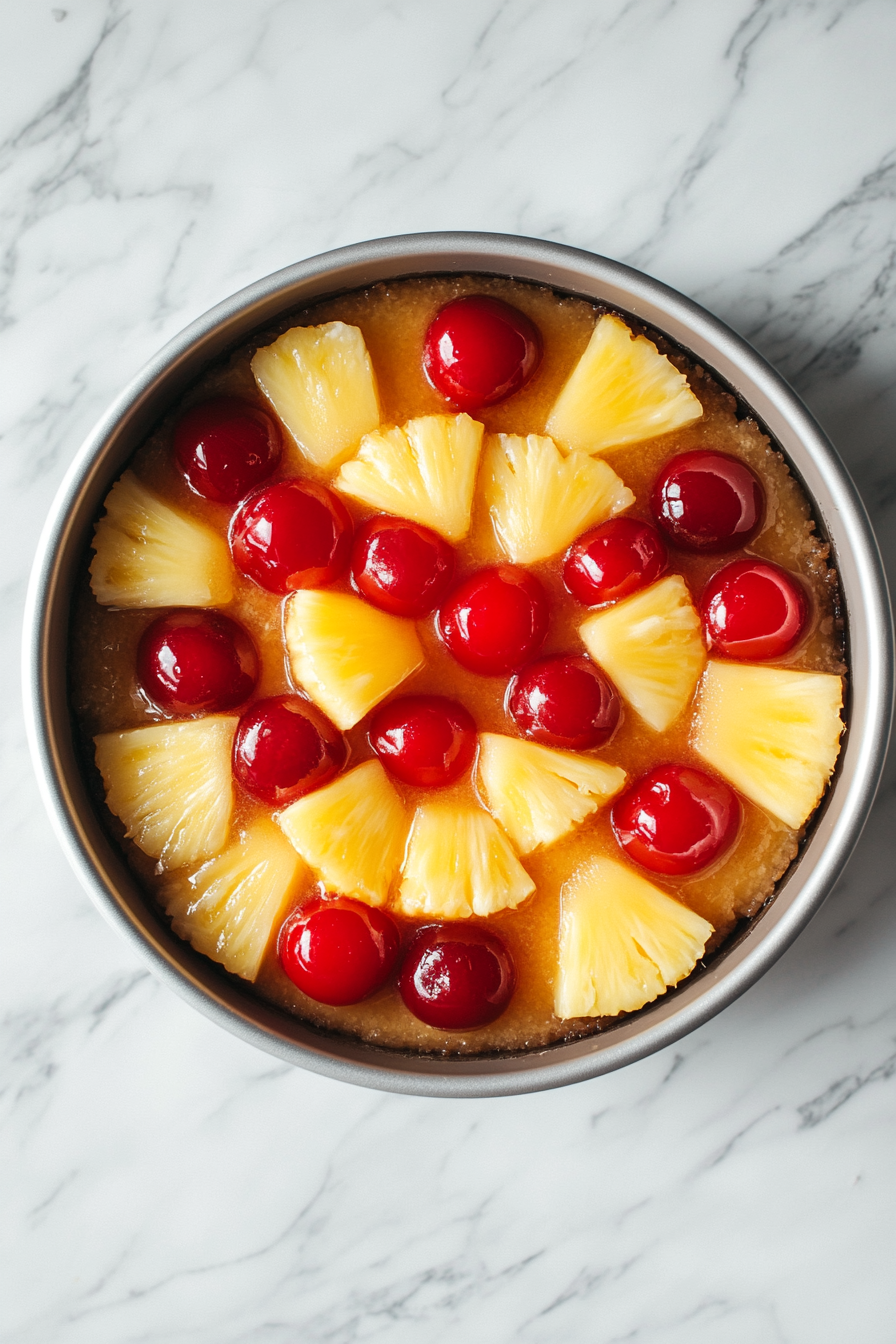 9-inch round cake pan on a white marble cooktop with a layer of melted butter and brown sugar spread across the bottom. Pineapple slices and maraschino cherries are neatly arranged on top, forming a colorful and festive base for the cheesecake.