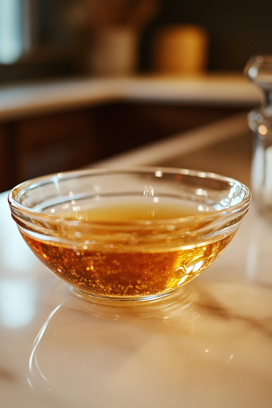 A medium glass mixing bowl is positioned on the white marble cooktop. Inside, melted butter and brown sugar are being whisked together into a smooth and glossy mixture. An egg and a bottle of vanilla extract are placed nearby, ready to be added.