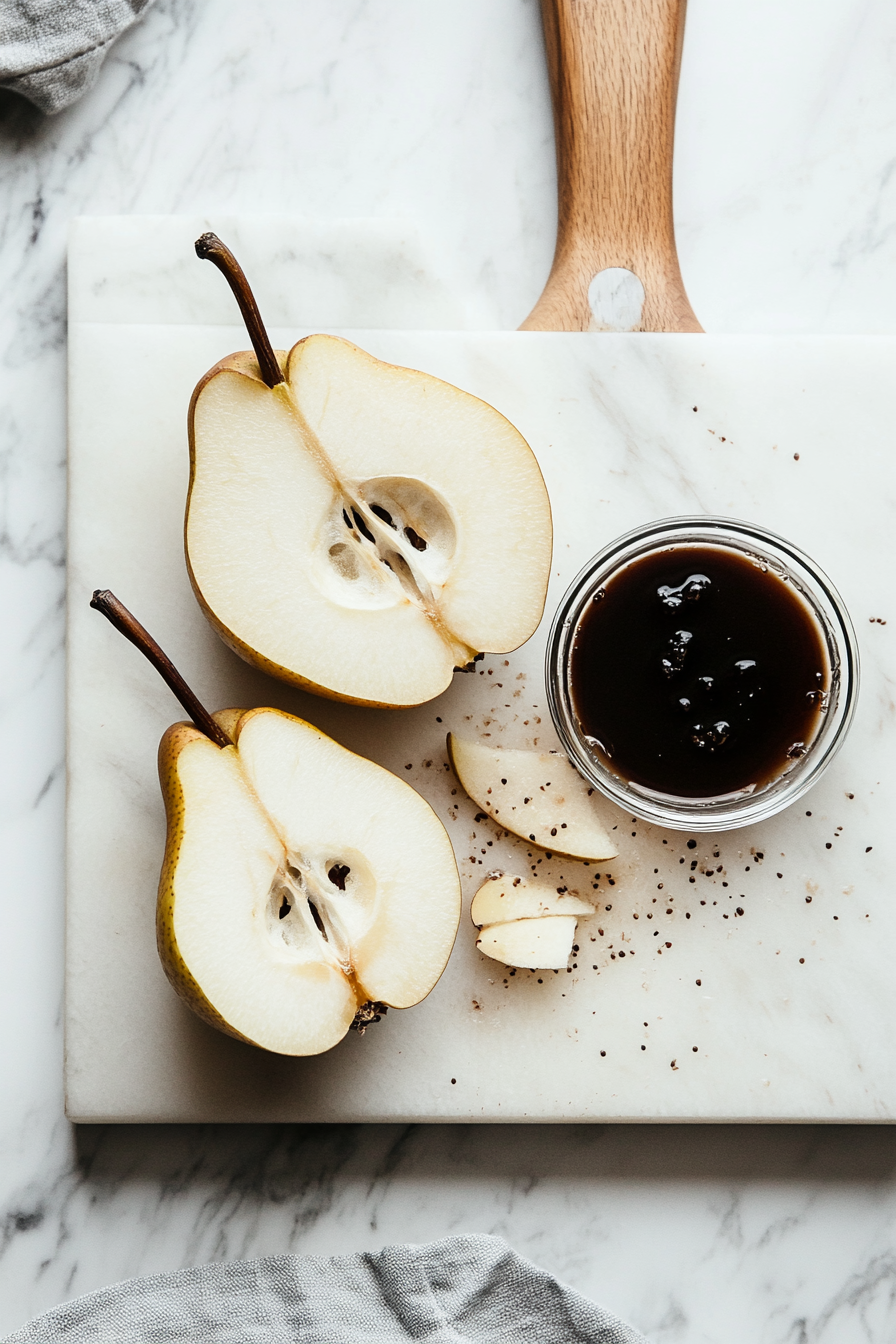 Two large pears on a white marble cooktop, halved with their cores removed and skins left on. A small paring knife and spoon rest nearby, showcasing the prep process.