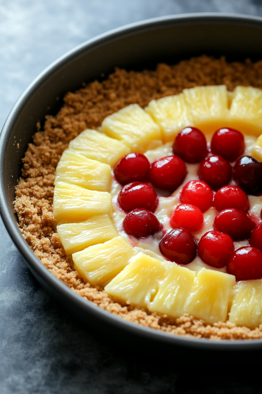 Glass bowl containing graham cracker crumbs, sugar, and melted butter being mixed together. The crust mixture is being pressed into the cake pan over the pineapple slices and cherries, creating a firm base for the cheesecake