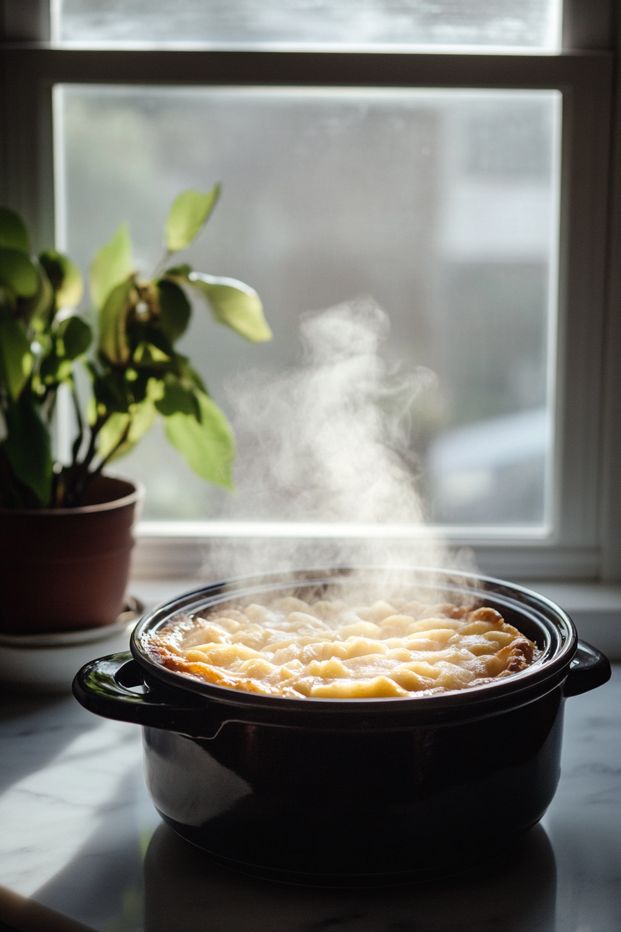 "Illustrate melted butter being poured over the muffin mix in the slow cooker.