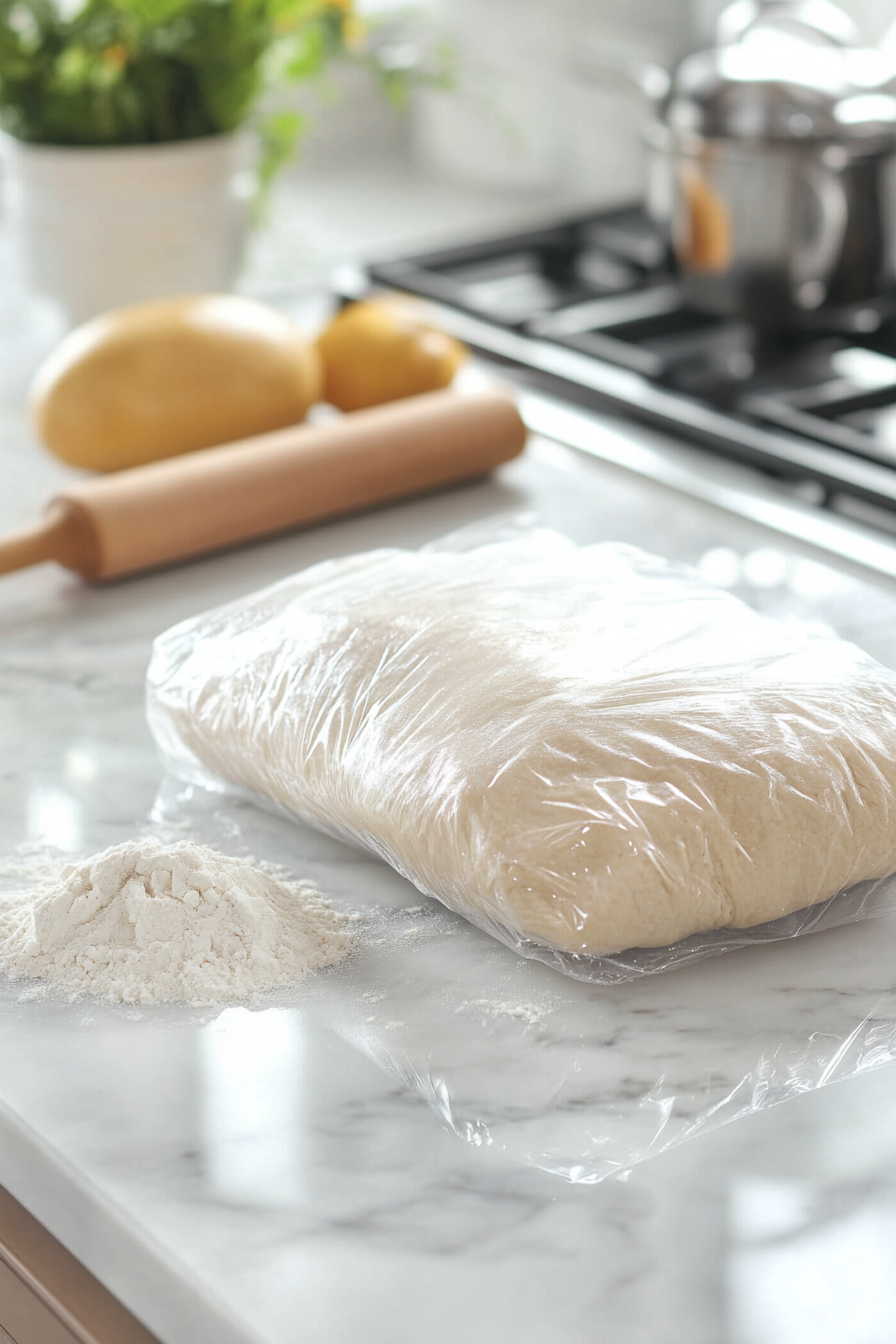 The prepared dough is wrapped neatly in plastic wrap and placed on the white marble cooktop. Nearby, a small dusting of flour and a rolling pin indicate the workspace is ready for the next step after chilling