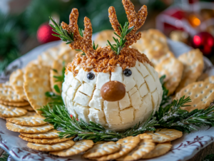 The festive reindeer cheese ball is arranged on a serving platter on the white marble cooktop, surrounded by a variety of crackers and garnished with fresh herbs for a holiday touch.