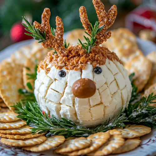 The festive reindeer cheese ball is arranged on a serving platter on the white marble cooktop, surrounded by a variety of crackers and garnished with fresh herbs for a holiday touch.