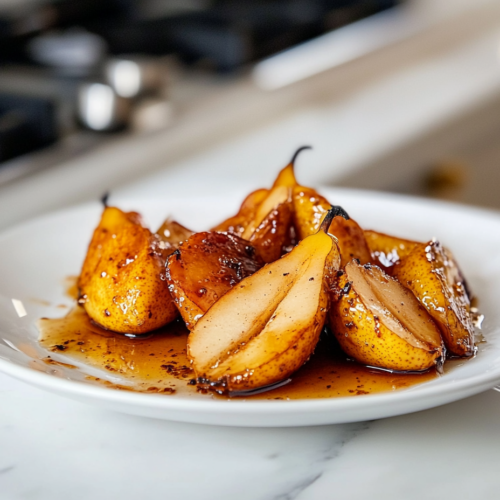 The black skillet on the white marble cooktop, with roasted pears resting briefly. The pears are slightly softened, their golden surfaces accented by honey and balsamic glaze, ready for serving