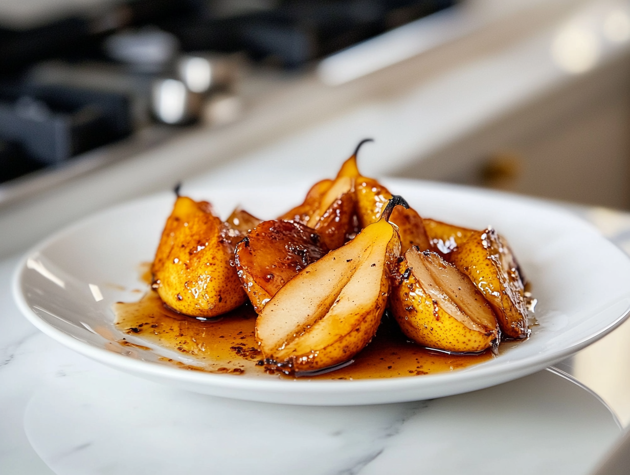 The black skillet on the white marble cooktop, with roasted pears resting briefly. The pears are slightly softened, their golden surfaces accented by honey and balsamic glaze, ready for serving