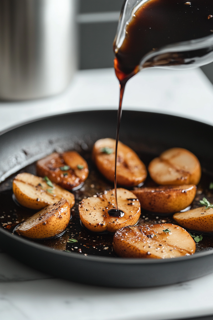 The black skillet on the white marble cooktop, with roasted pears flipped to their rounded sides. A spoon is drizzling dark balsamic vinegar over the pears, glistening against their golden surface