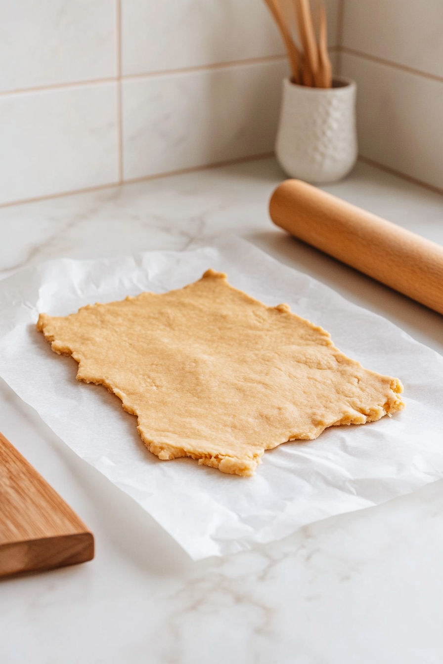 Cookie dough rolled out evenly on parchment paper placed on the white marble cooktop. A rolling pin lies to the side, and the dough is flattened to a 1/4-inch thickness, prepared for chilling.