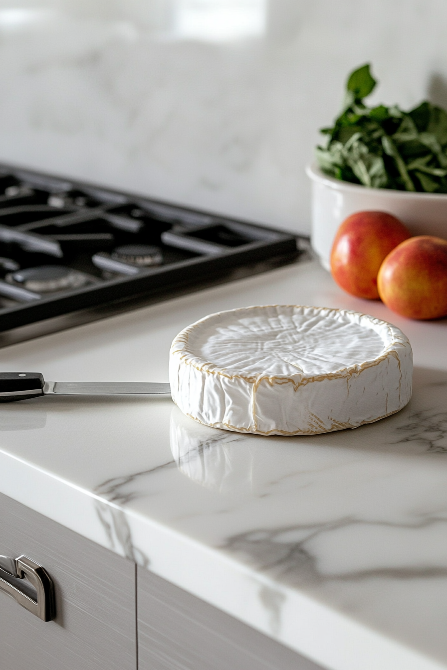 A wheel of Brie cheese on the white marble cooktop, with a knife scoring the top of the rind about 1/4 inch from the edge. The cheese is soft and smooth, and the knife gently cuts into the surface.