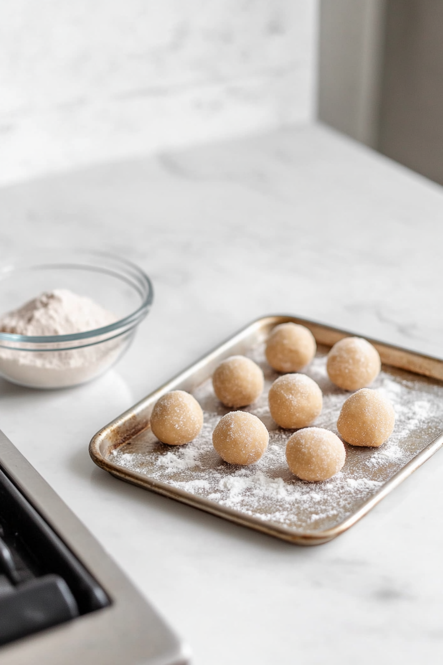 Balls of cookie dough are being rolled in granulated sugar. A small bowl of sugar and evenly spaced dough balls on a parchment-lined baking sheet sit on the white marble cooktop