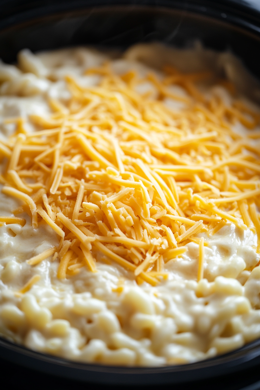 Close-up of shredded Cheddar cheese being sprinkled evenly over the macaroni in the black crockpot. The cheese forms a beautiful layer on top, with some pieces still intact while others are melting into the pasta. The image focuses on the richness of the cheese on top of the creamy pasta.